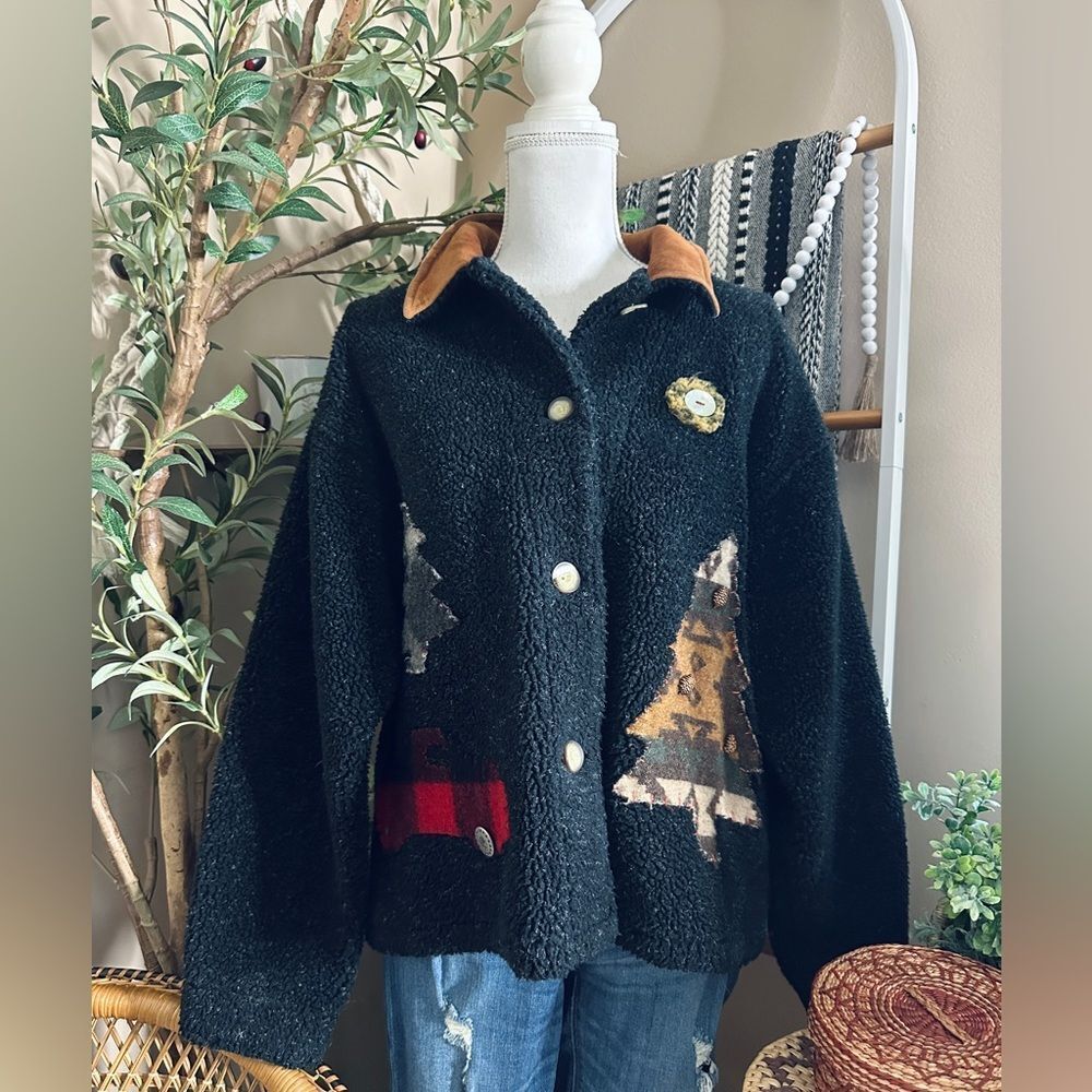 Vintage Tasha Polizzi Sherpa Coat Rustic Holiday Christmas Tree & Truck Appliqué